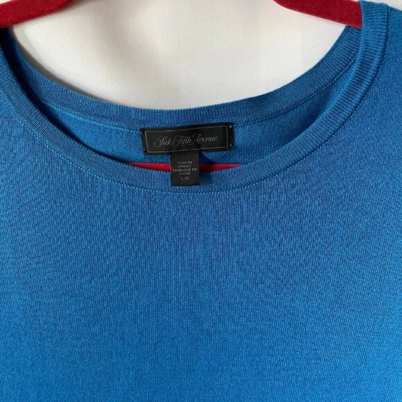 Saks Fifth Ave Silk Cashmere Sweater Womens Medium Blue Short Sleeve Crew Neck - Picture 5 of 5